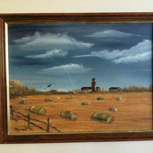 Elevator round Bales Wood frame oil painting farm scene Susan Haywood 2013 small